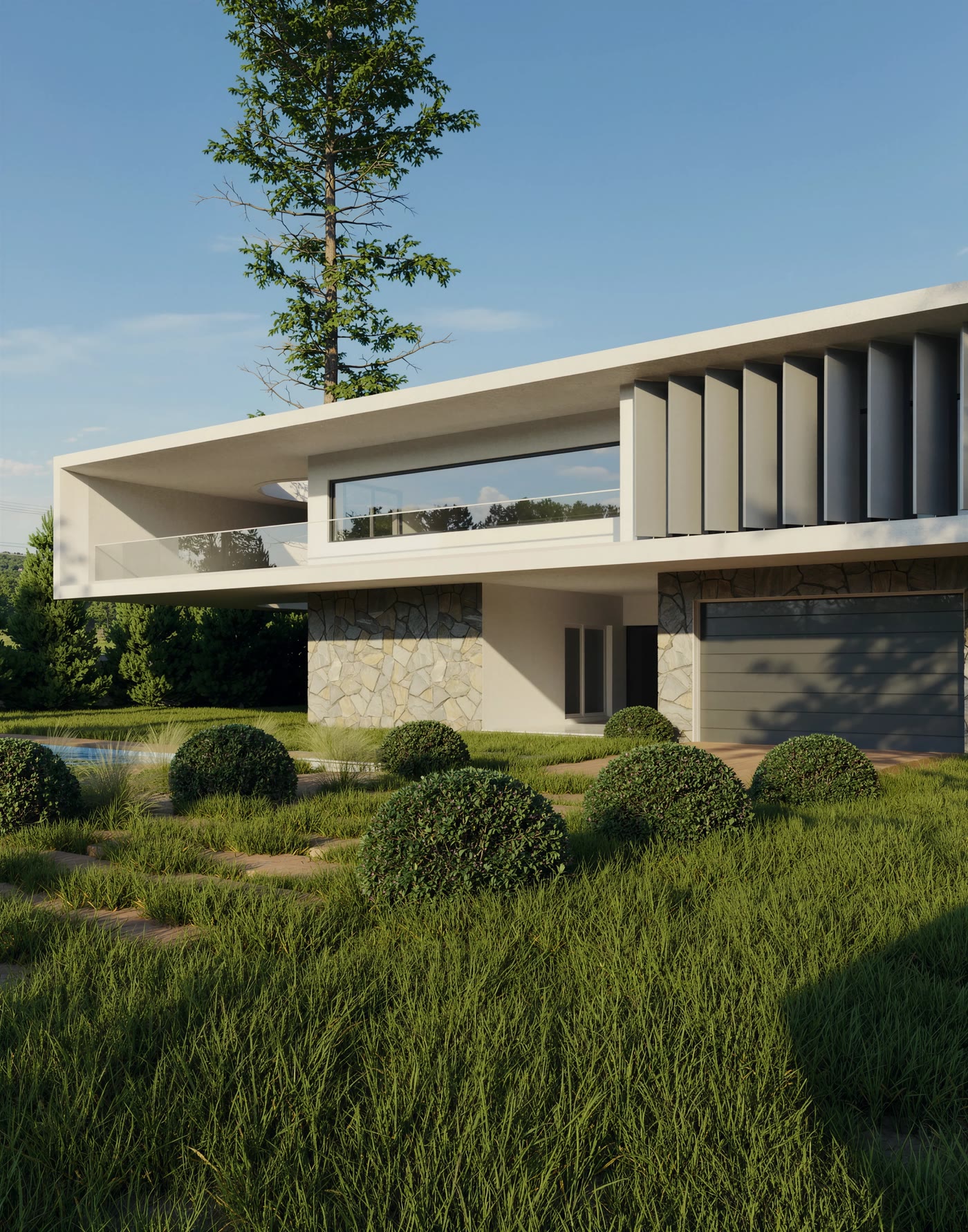 Visualización de BC Villa: primer plano de las lamas parasol y la superficie con textura de piedra