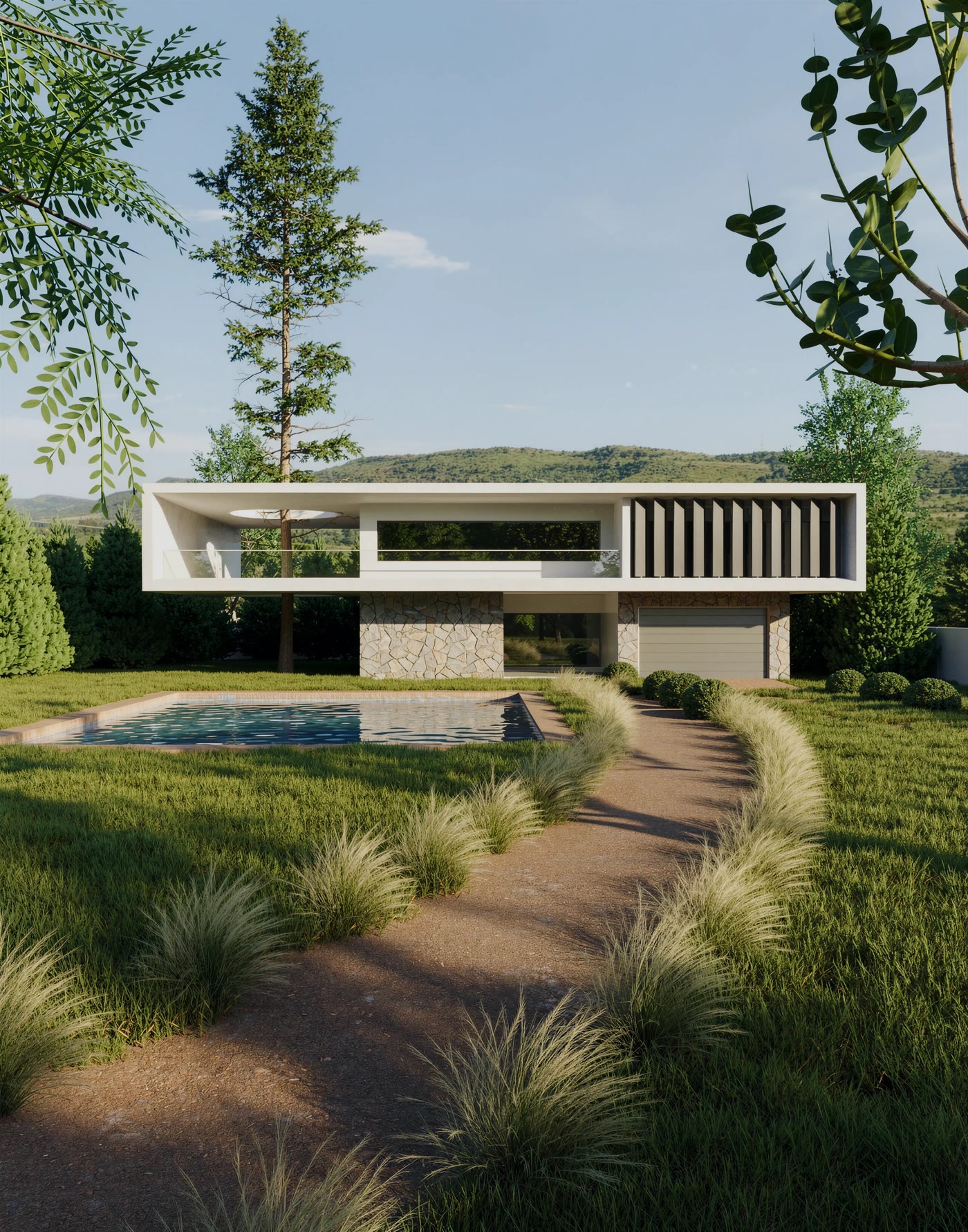Visualización de BC Villa: fachada principal, piscina y camino