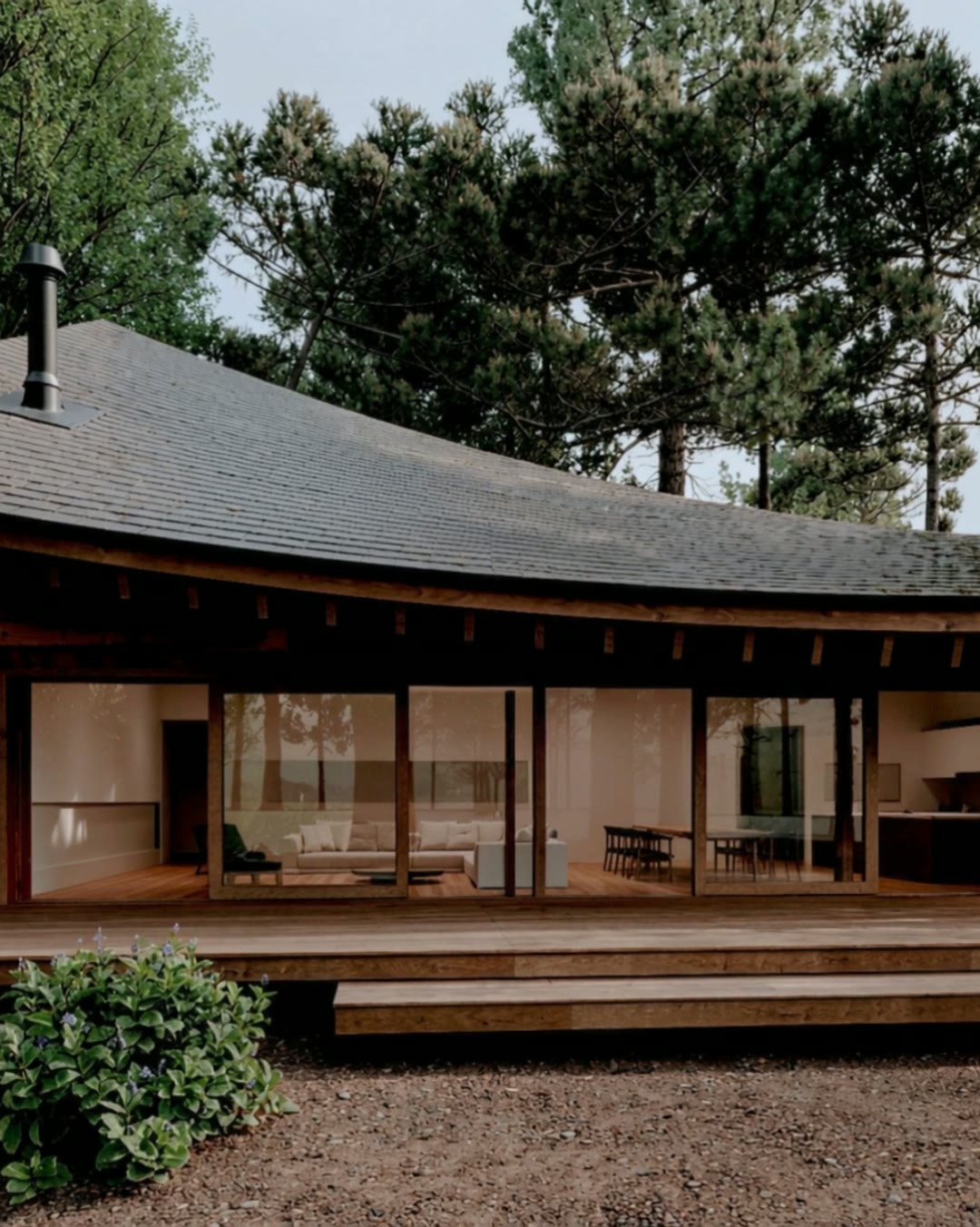 Visualización de LV House: casa de cubierta curva y superficies de madera en el bosque