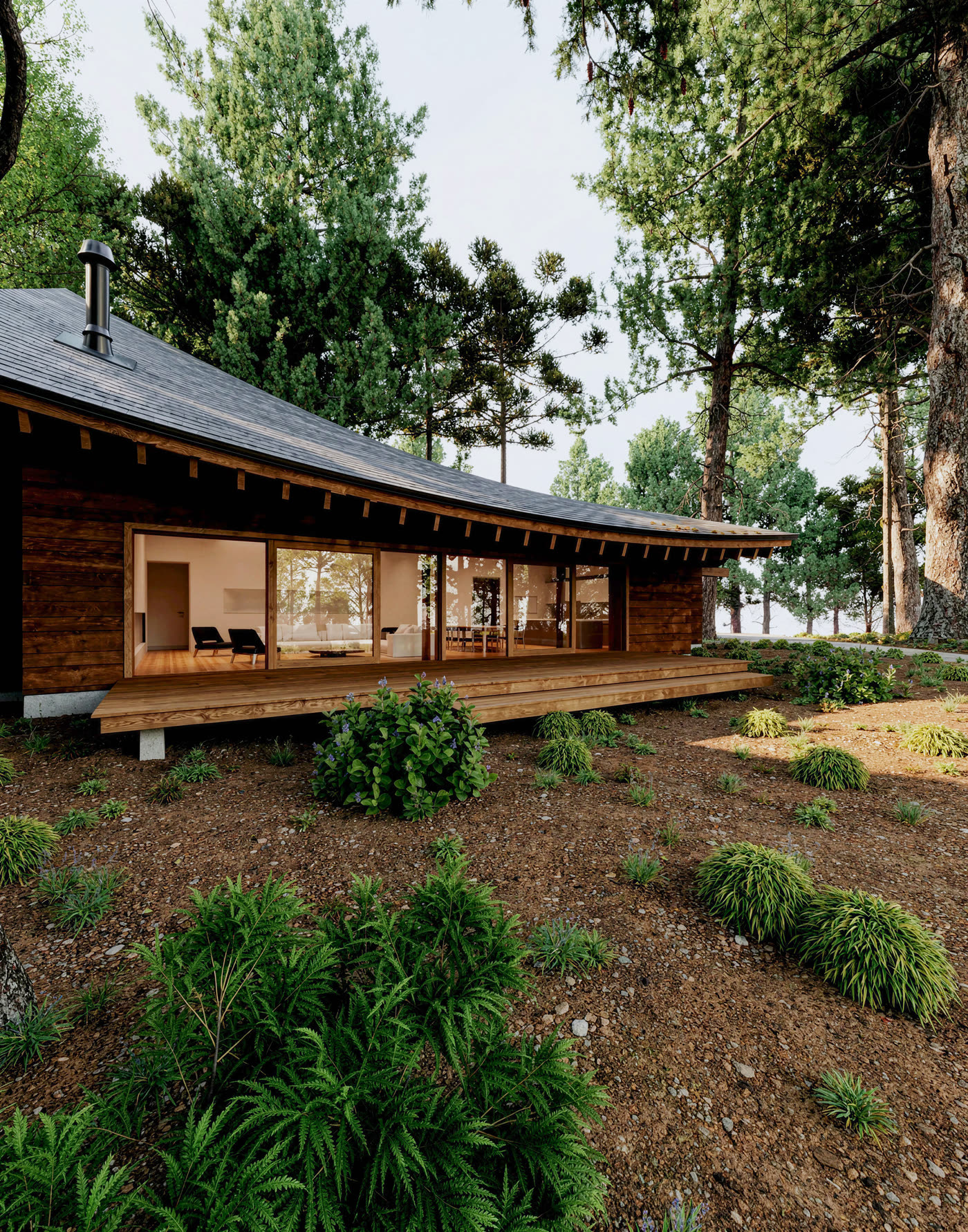 Visualización de LV House: cubierta curva y terraza de madera