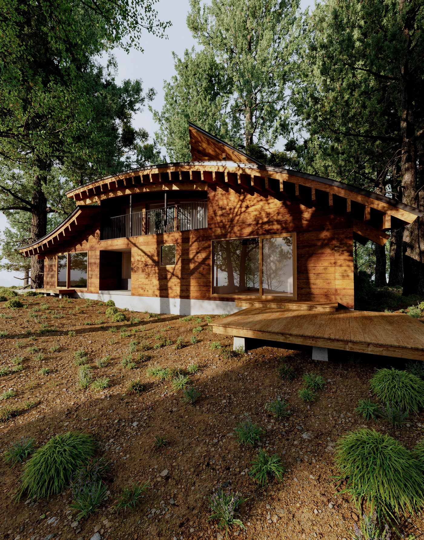Visualización de LV House: fachada lateral y balcón