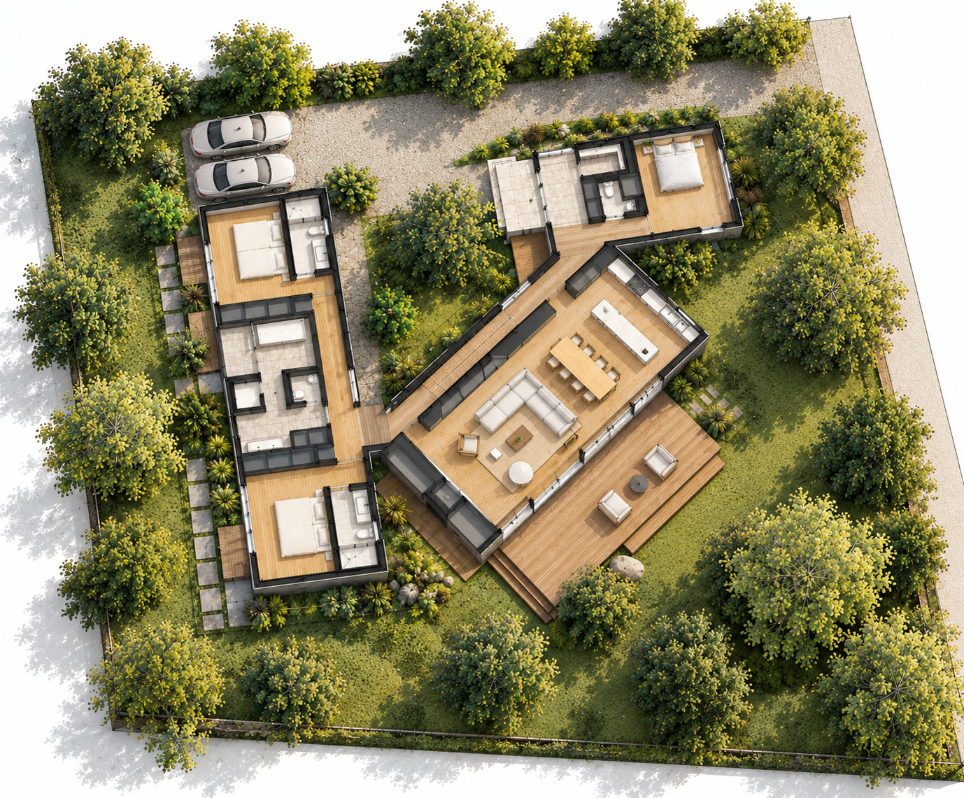 Plano de la planta baja de LV House: salón, cocina y veranda en el centro, dormitorios y baño a la izquierda, entrada, baño y un dormitorio arriba a la derecha