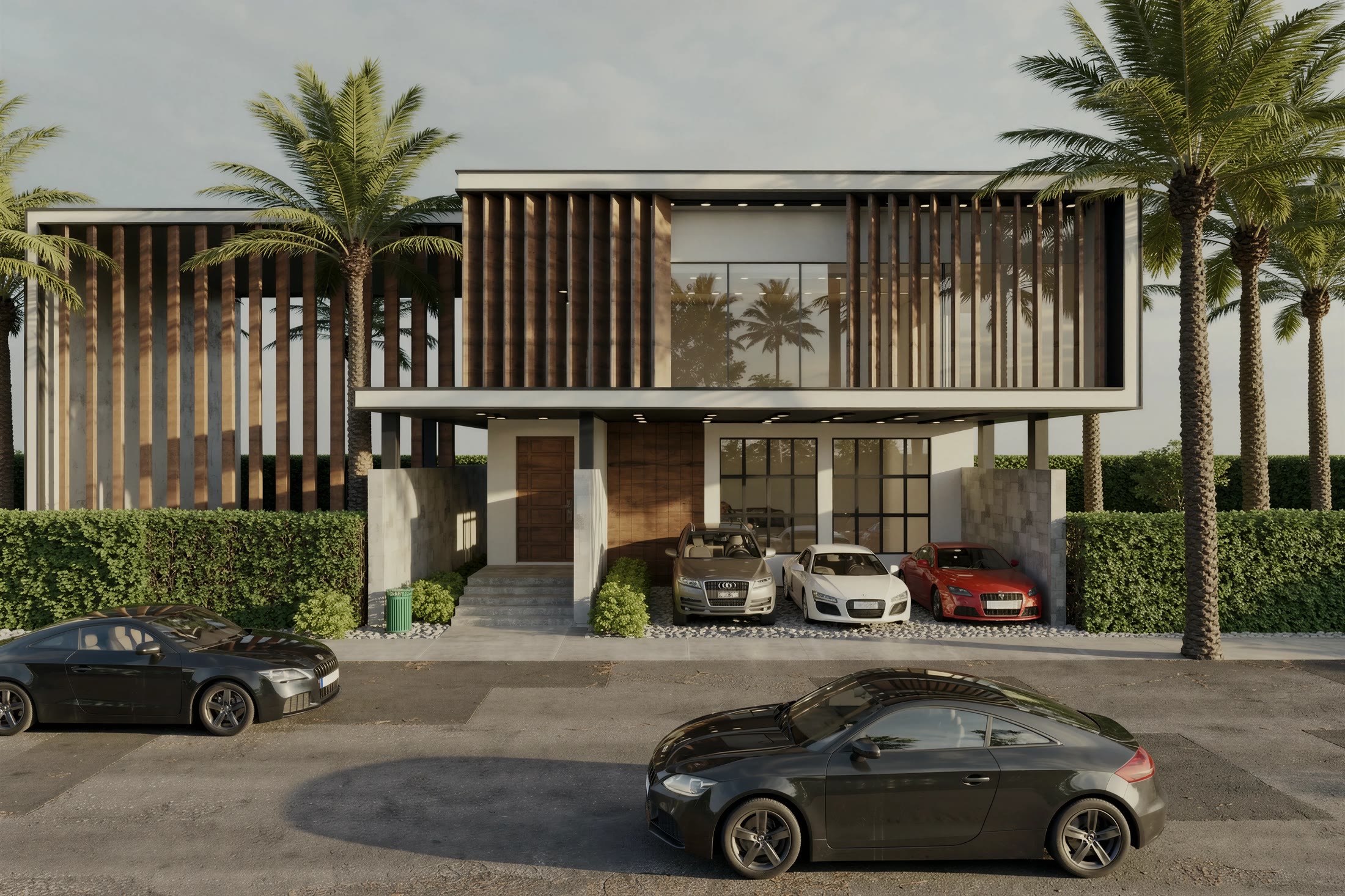 Visualización de SP Villa: fachada principal, listones de madera y aparcamiento