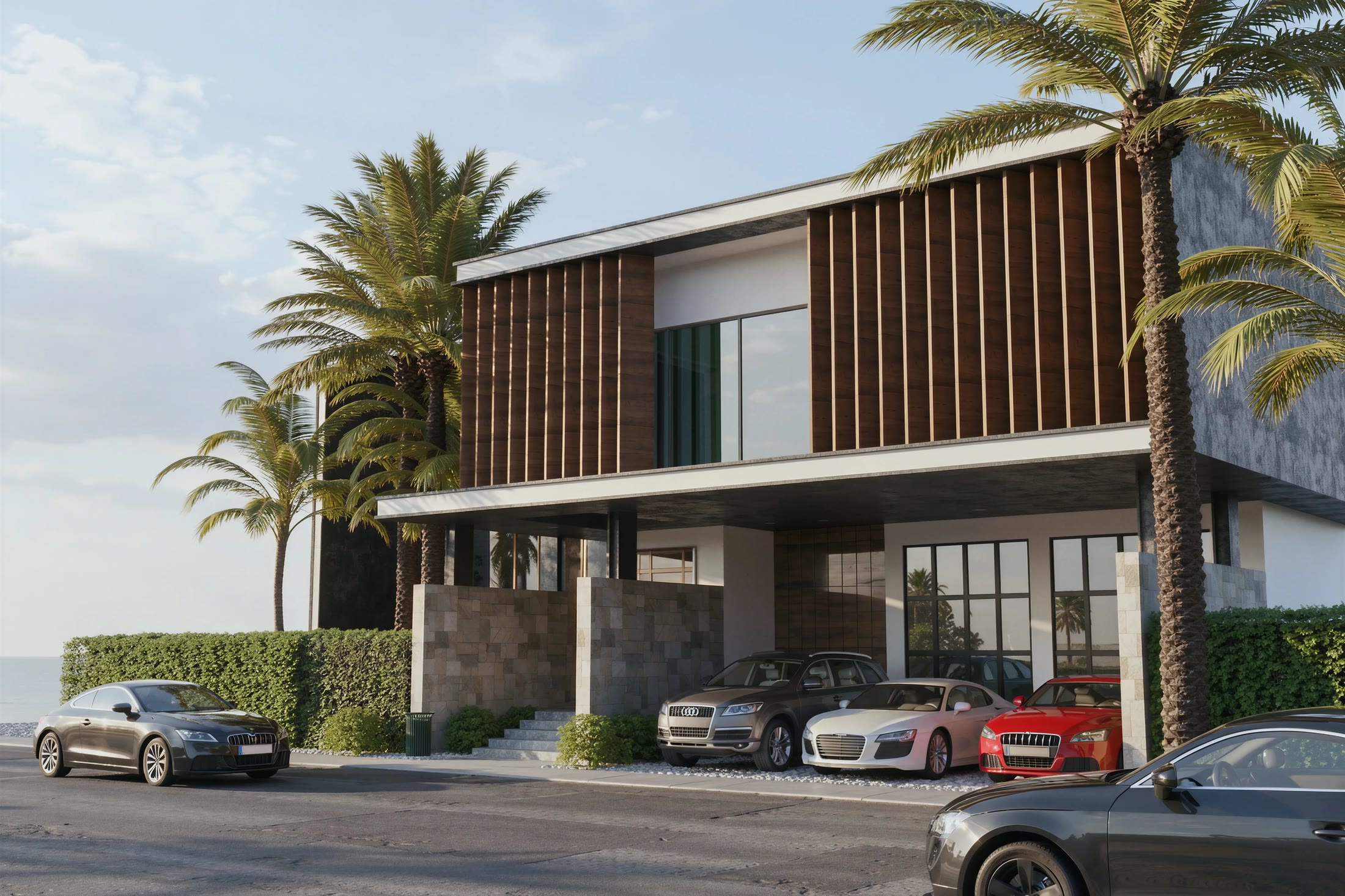 Visualización de SP Villa: vista oblicua de la fachada y la entrada